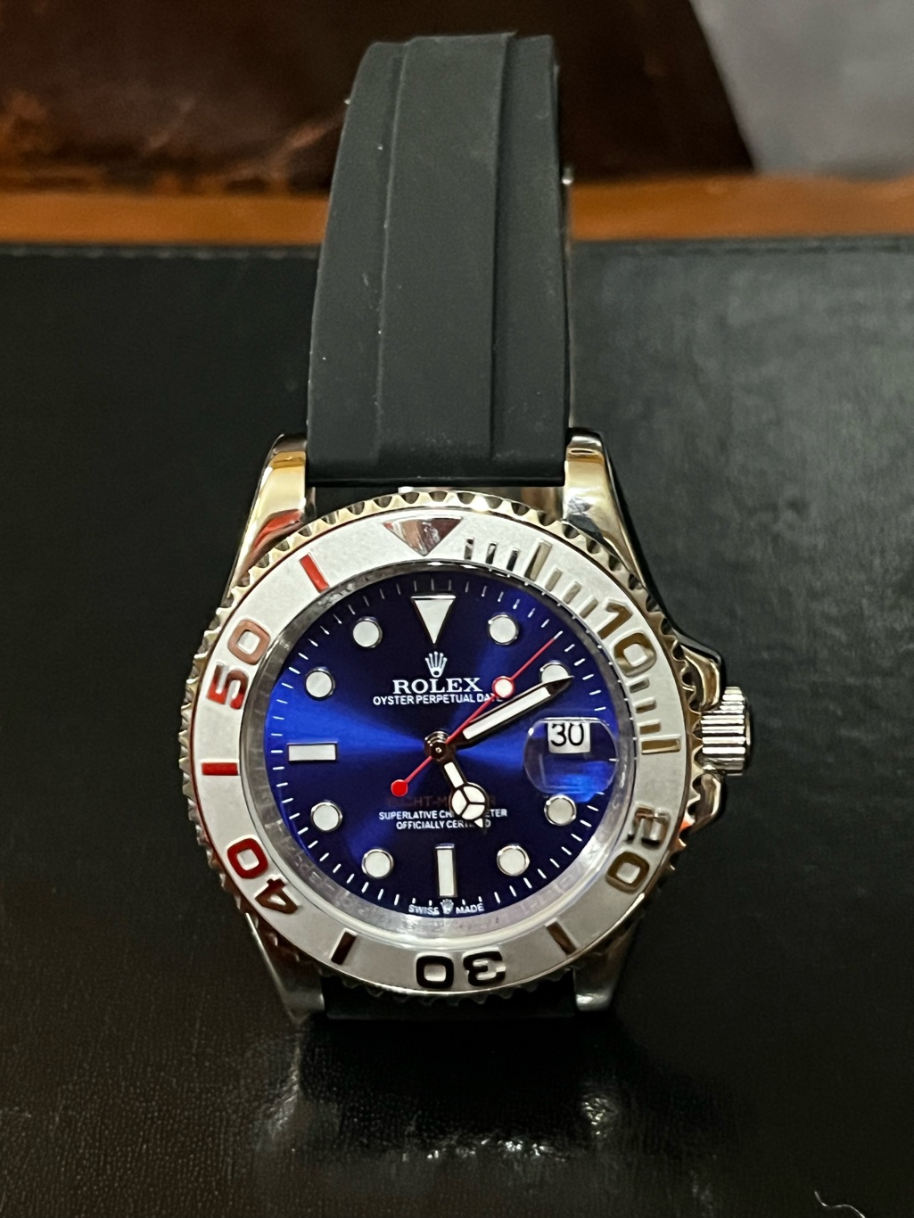 Rolex Yacht Master Blue Sunburst Dial Black Rubber Strap Silver Tone Watch